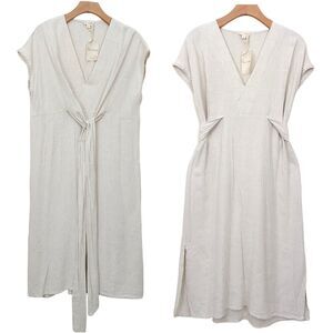 Hem & Thread Linen Blend Midi Dress Womens Small Beige V-Neck Tie Back Summer